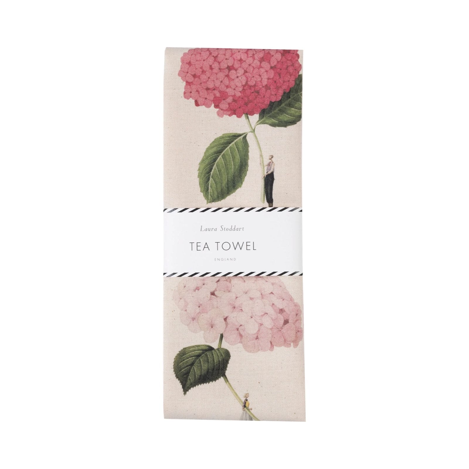 Tea towel featuring an illustration of people holding giant hydrangeas.