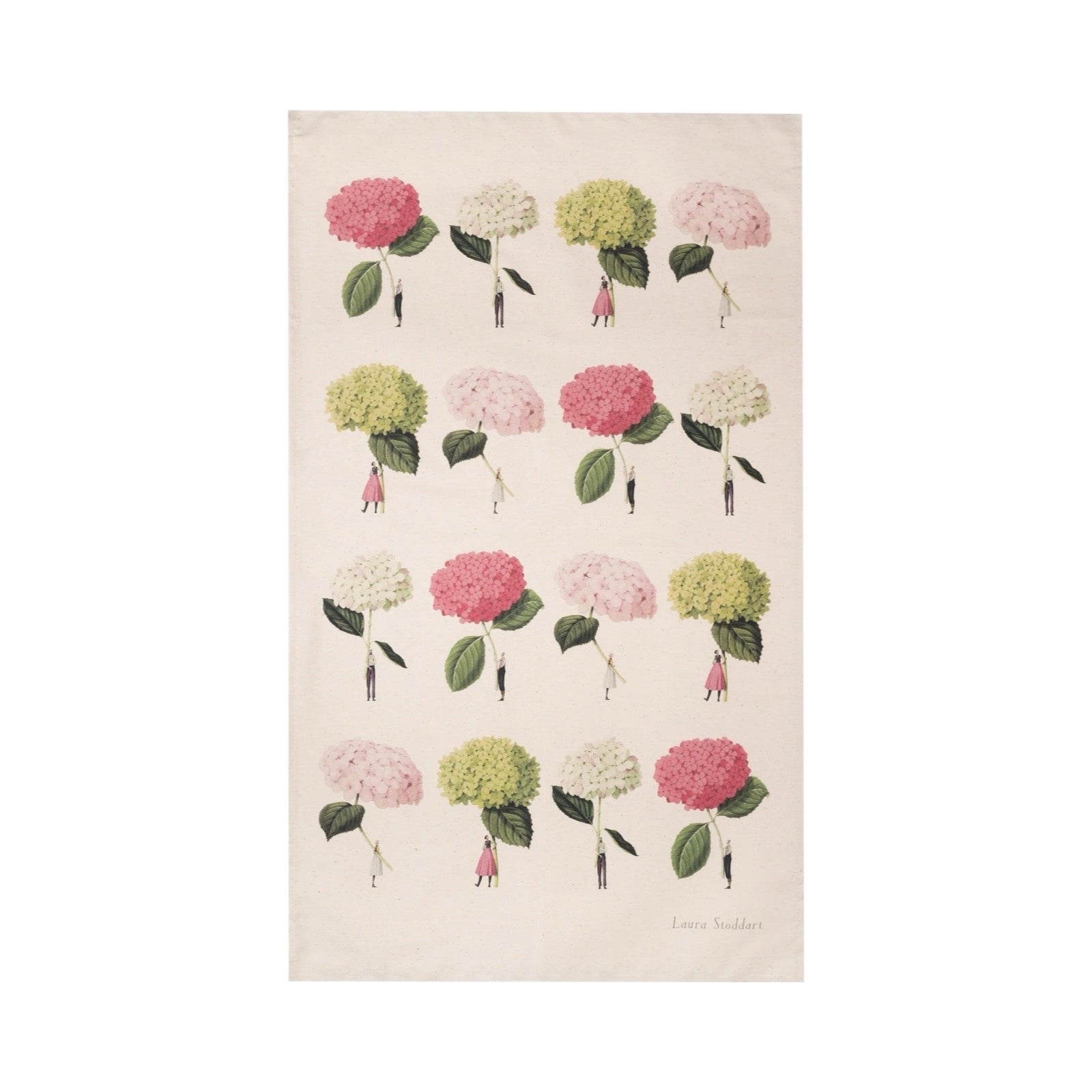 Tea towel featuring an illustration of people holding giant hydrangeas.
