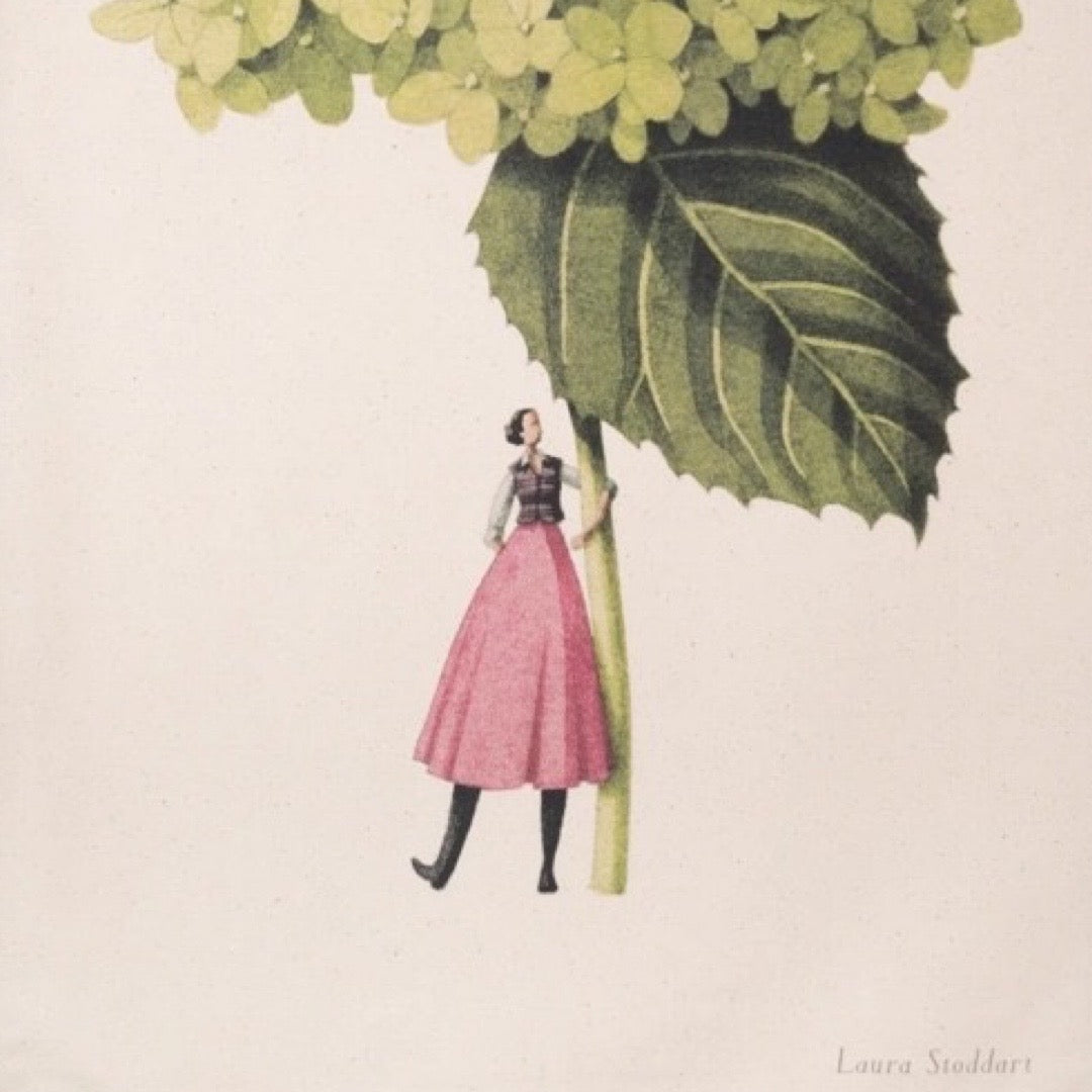 Illustration of a woman in a pink dress standing next to a large green leaf with 'Laura Stoddart' signature.