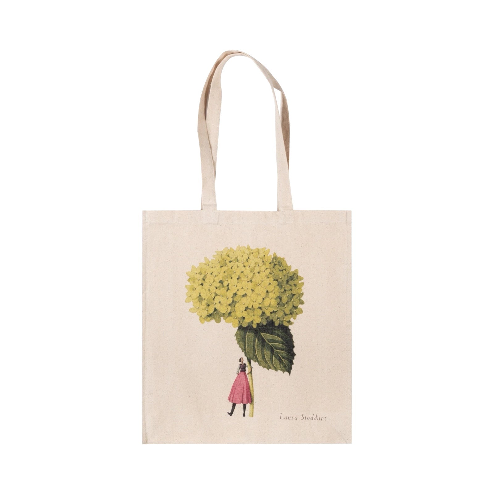 Tote bag featuring a beautiful illustration of a fabulously dressed lady holding a giant hydrangea.