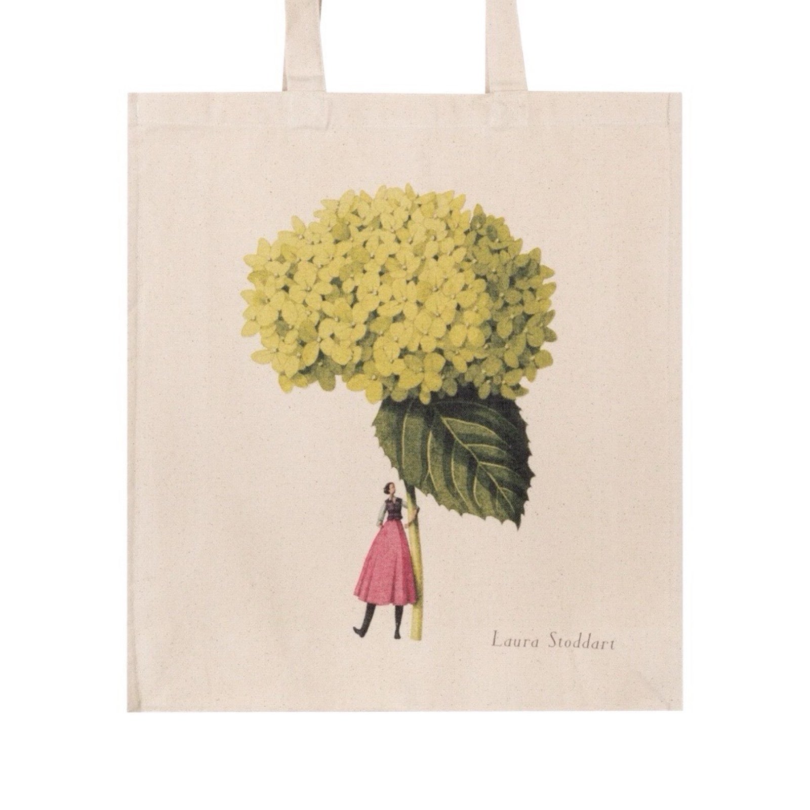 Tote bag featuring a beautiful illustration of a fabulously dressed lady holding a giant hydrangea.