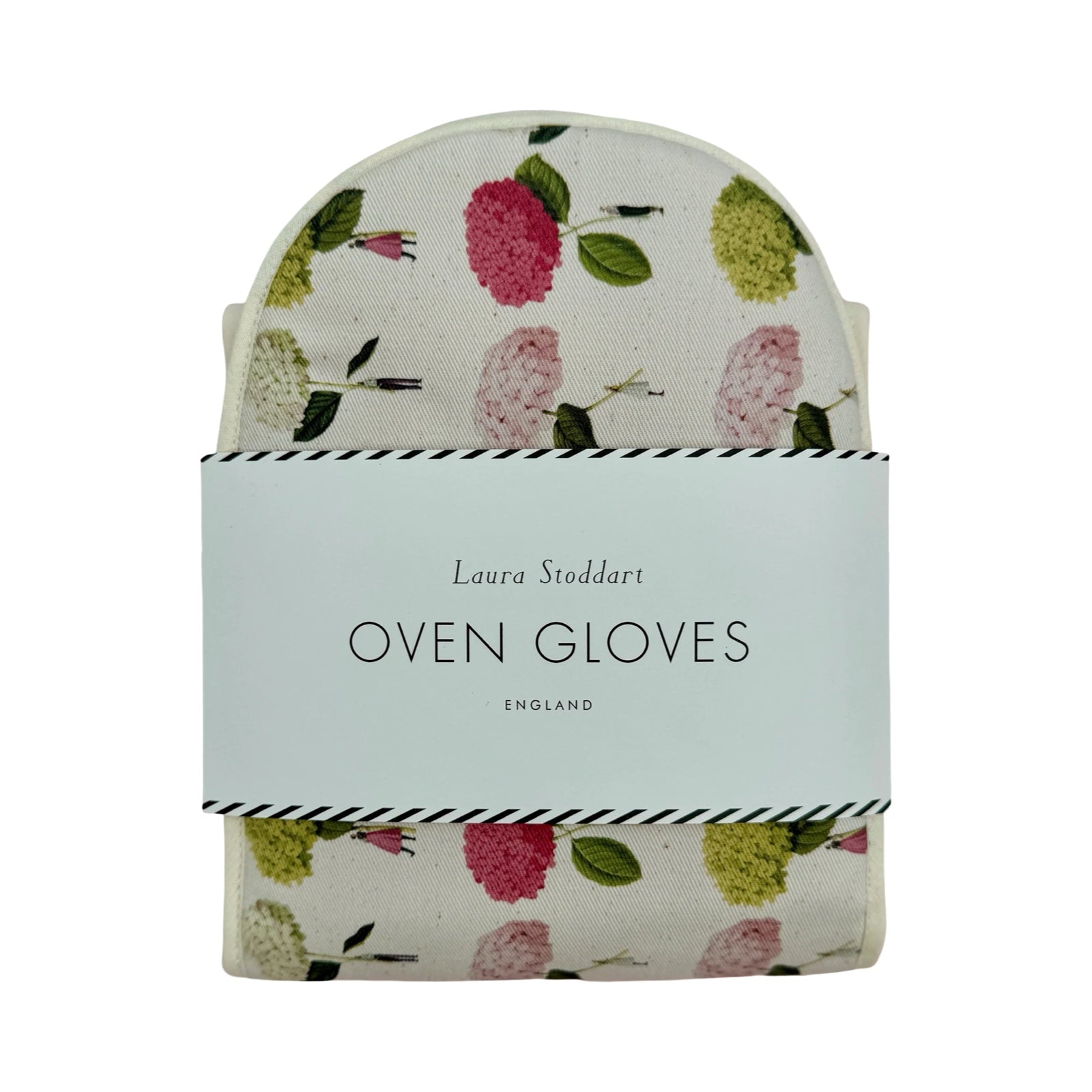 Floral oven gloves featuring illustrations of ladies holding colourful hydrangeas. 