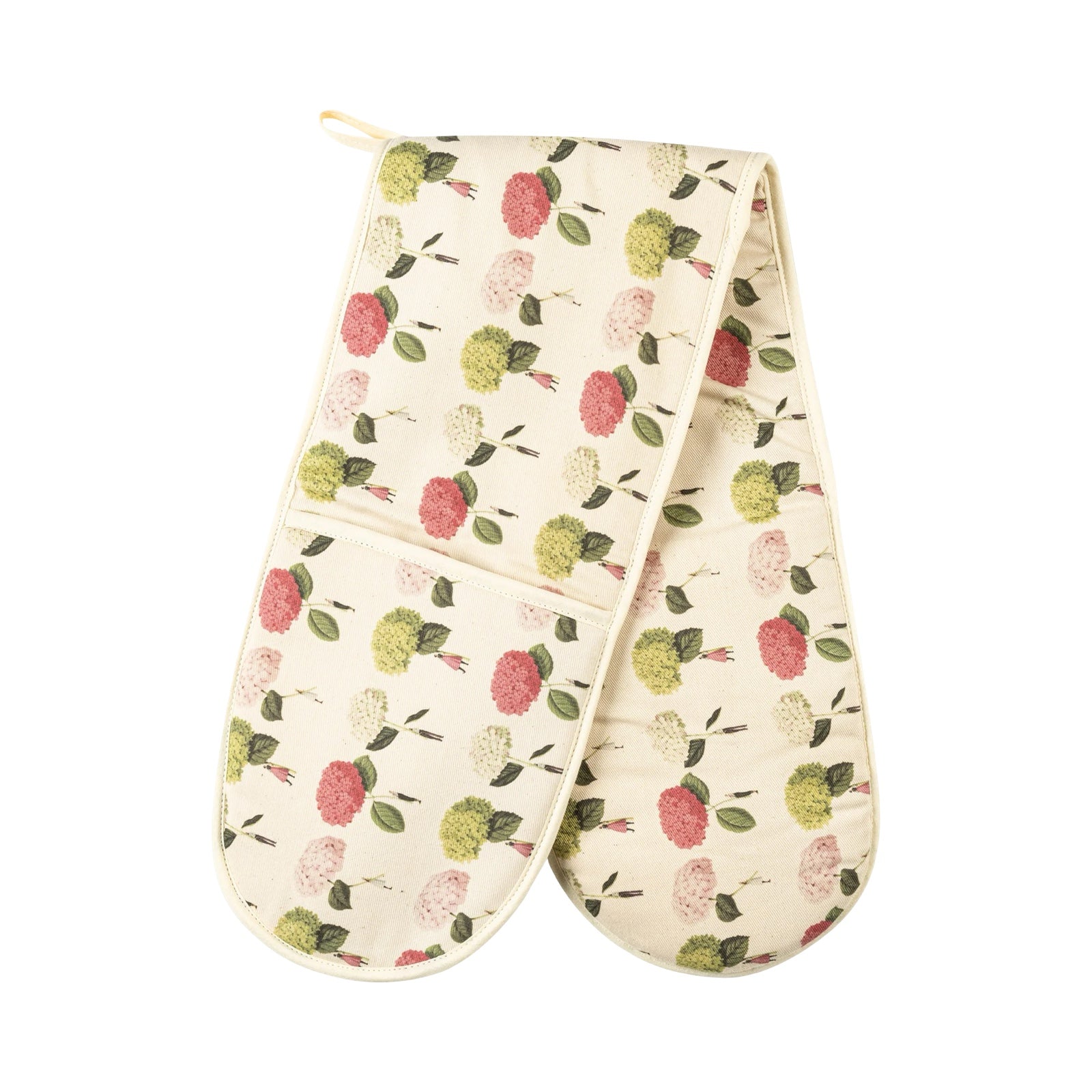 Floral oven gloves featuring illustrations of ladies holding colourful hydrangeas. 