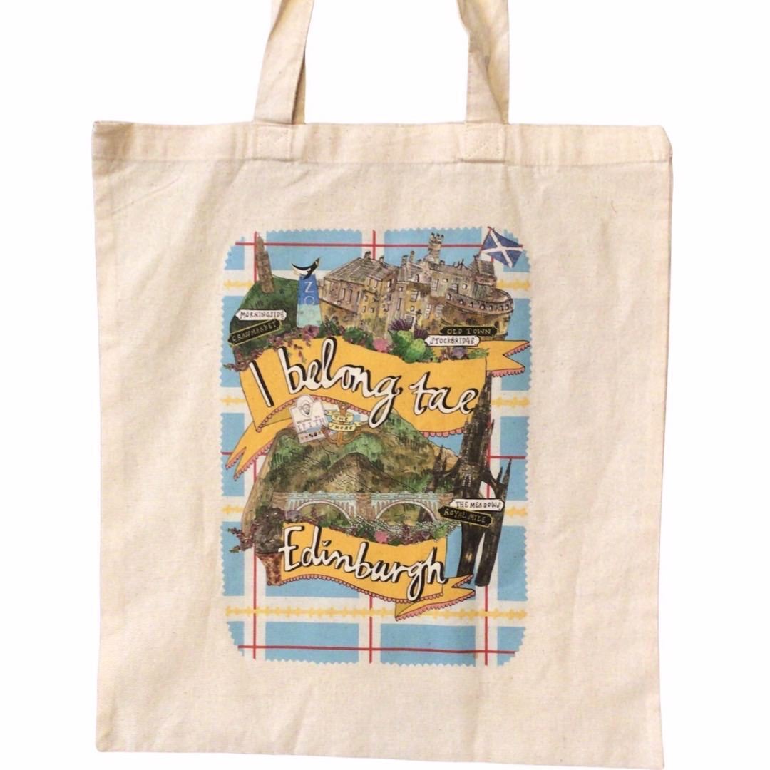 Tote bag featuring the text 'I Belong to Edinburgh' written inside a yellow banner and surrounded by illustrations of Edinburgh castle and other Edinburgh landmarks.