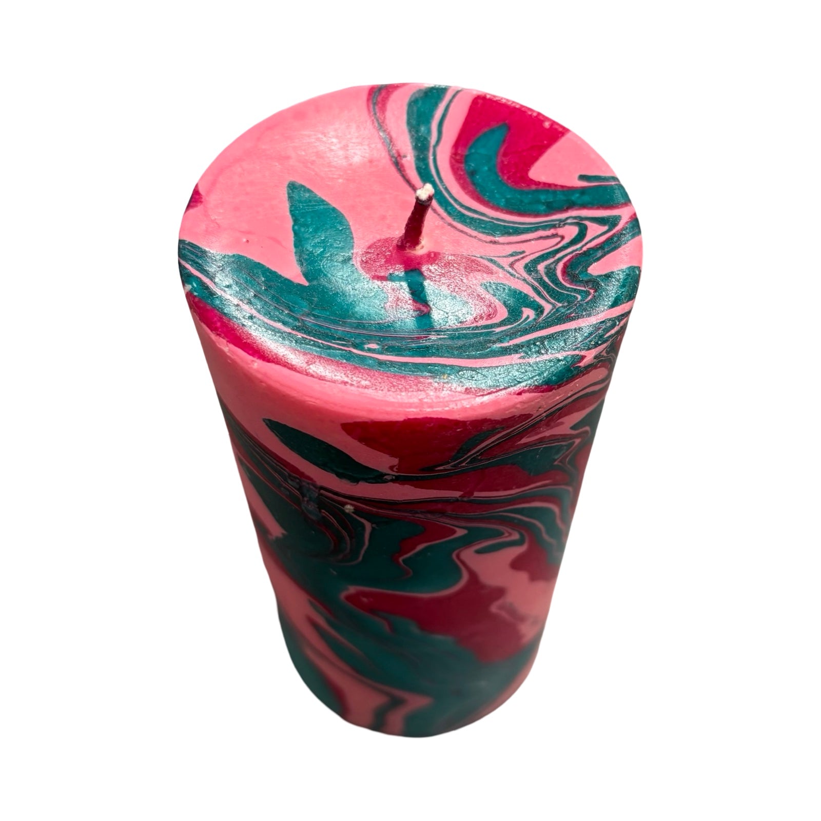 Unscented pillar candle hand-poured with soy wax and dip-dyed in magenta, teal and pastel pink to create the beautiful marble swirl. 
