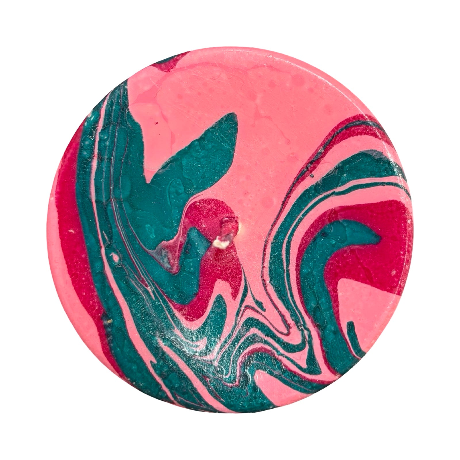 Unscented pillar candle hand-poured with soy wax and dip-dyed in magenta, teal and pastel pink to create the beautiful marble swirl. 