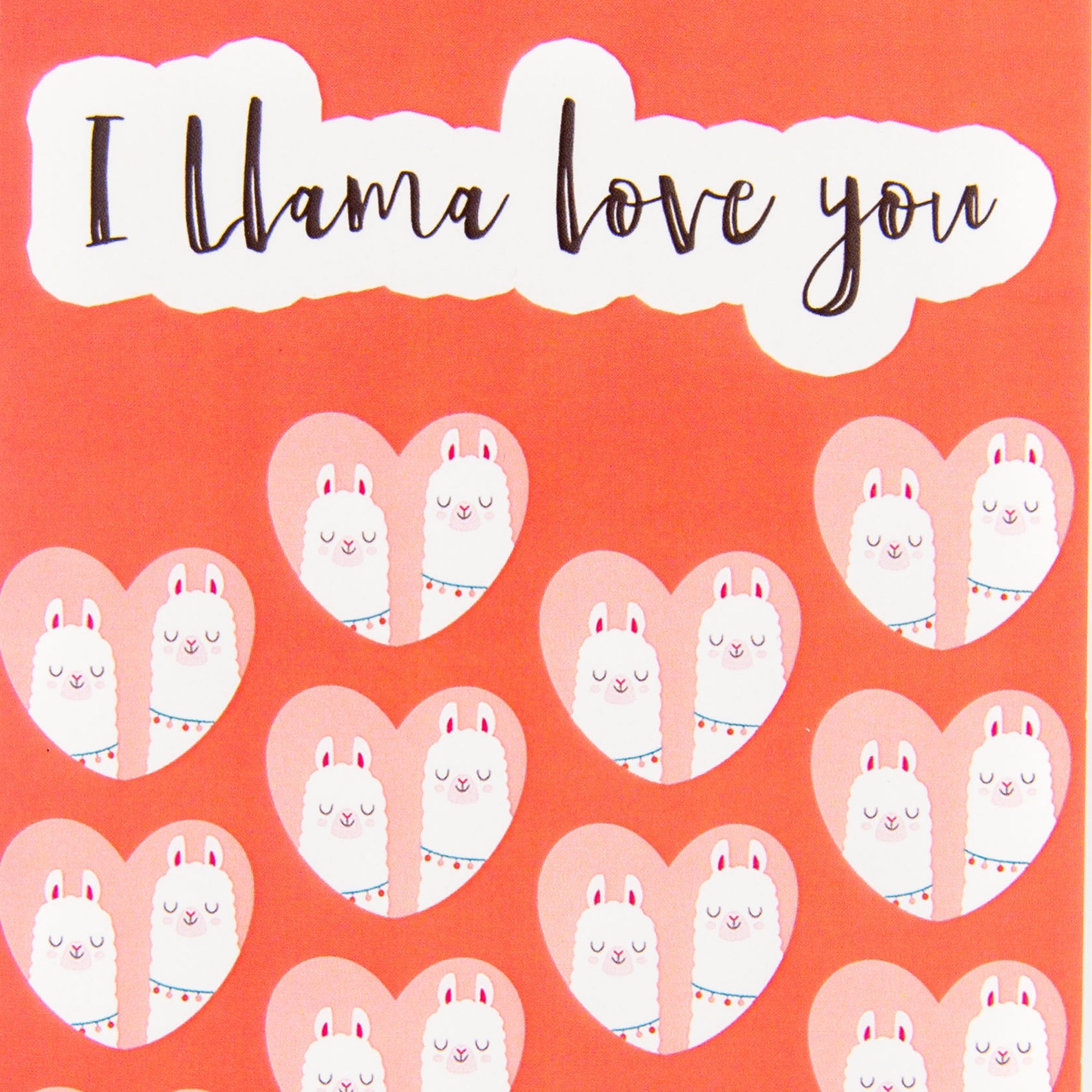 Card with llama hearts and 'I Llama love you' text on a red background.