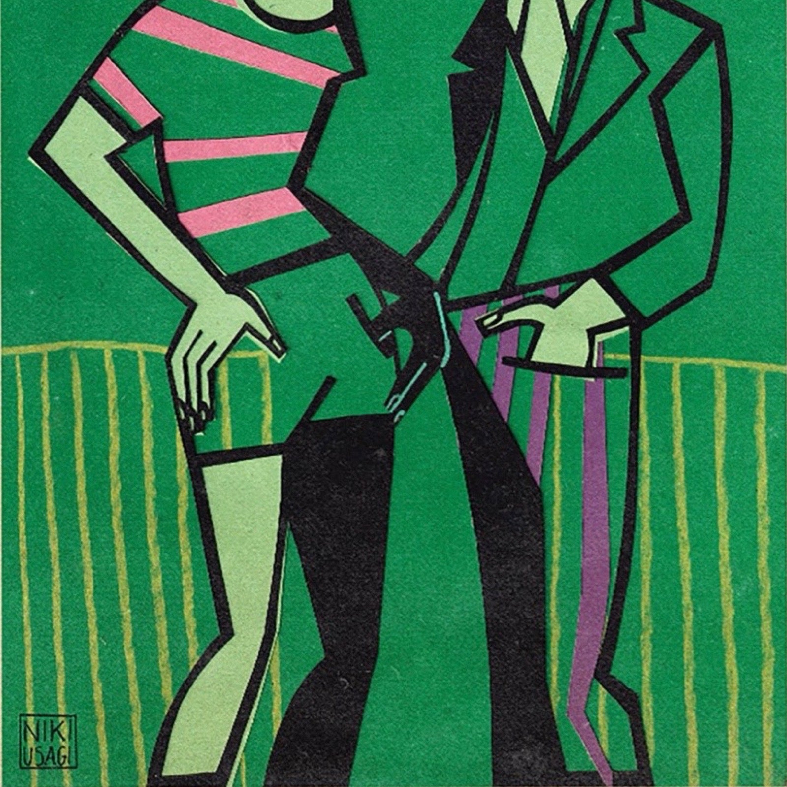 A stylised abstract artwork showing two human figures in bold green, black, pink, purple, and yellow geometric shapes on a green background.
