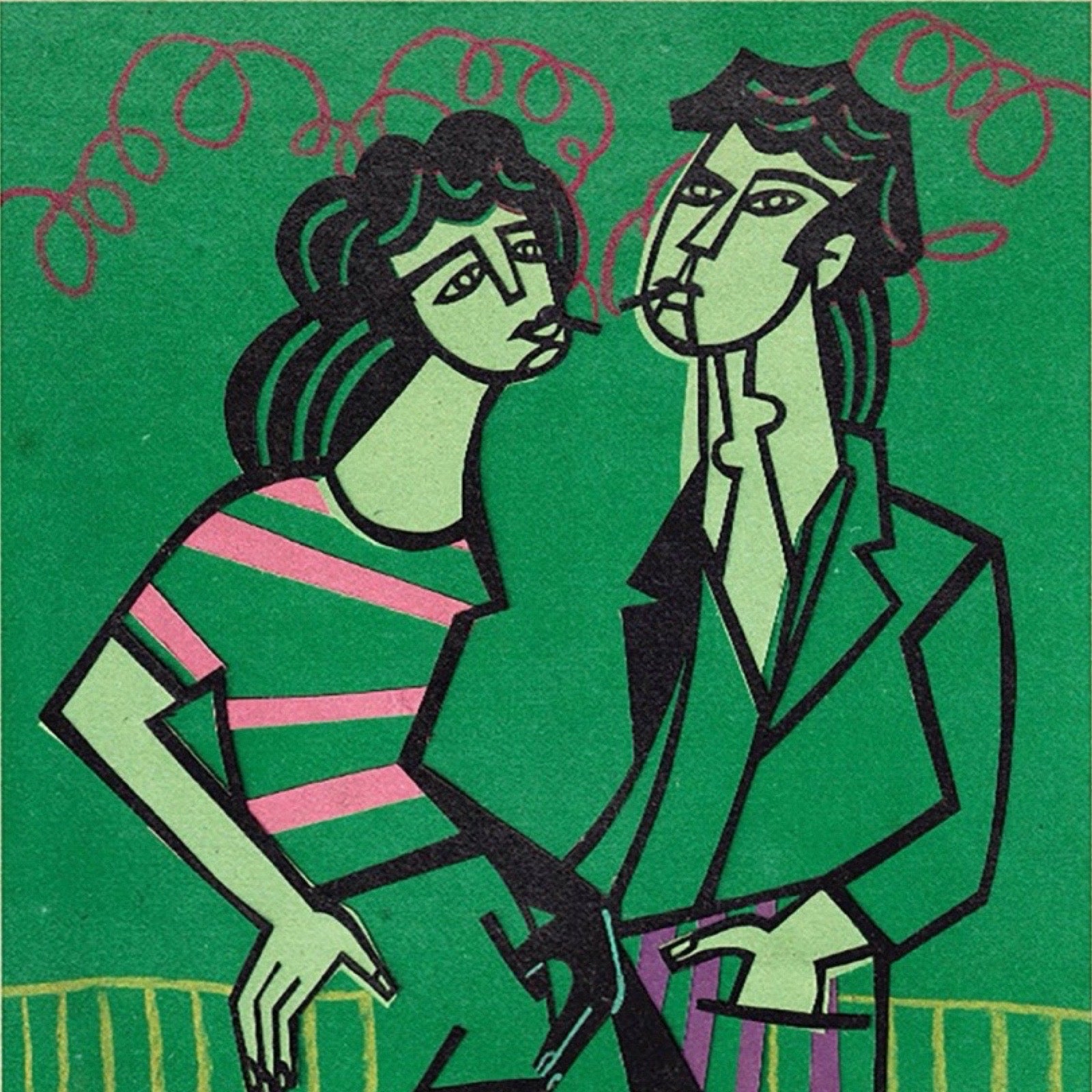 A stylised artwork depicting two people in a close, intimate pose against a green background, rendered in bold black outlines with light green, pink, and dark green tones.