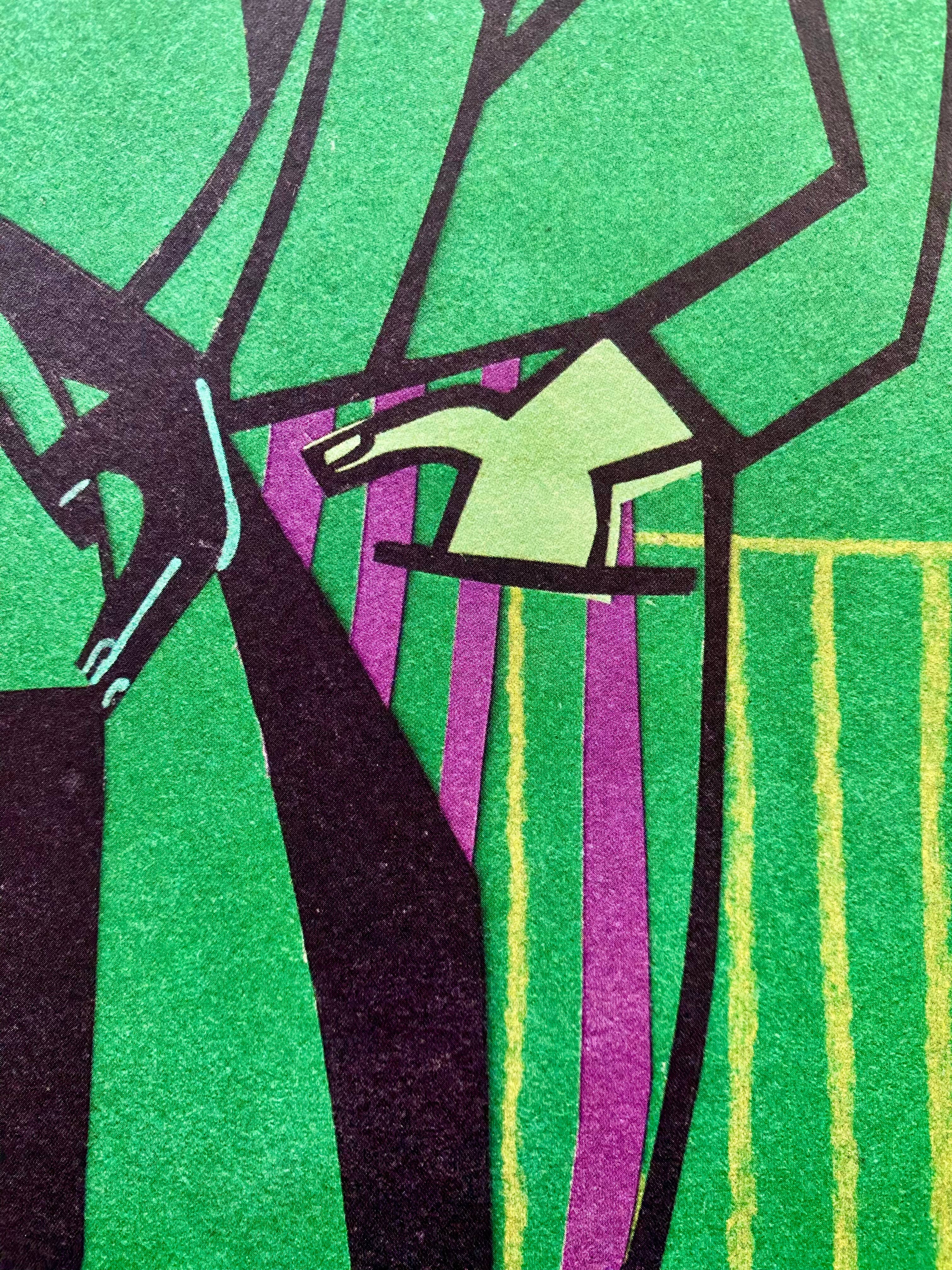 Abstract art print featuring geometric shapes and stylised figures in vibrant green, purple, yellow, and black.