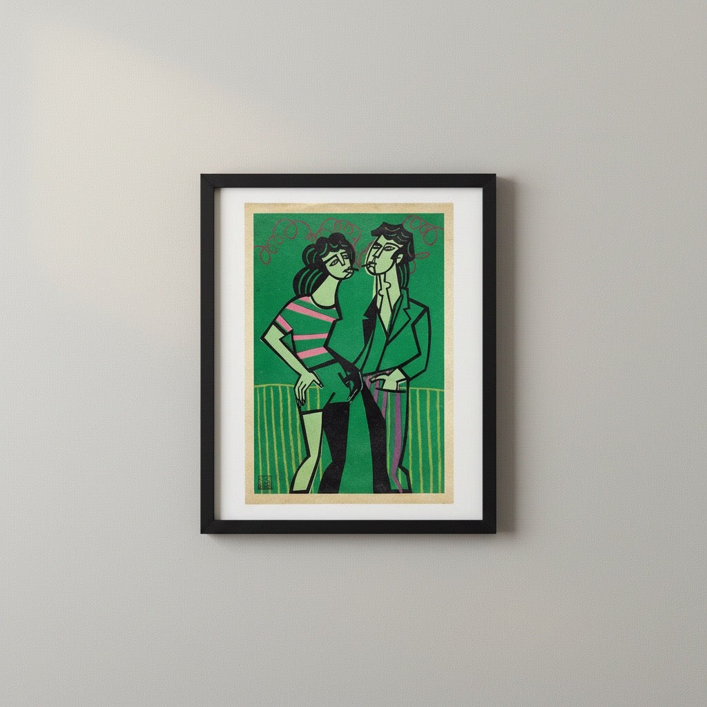 A framed art print featuring a stylised illustration of a couple embracing against a green background, mounted on a light grey wall.