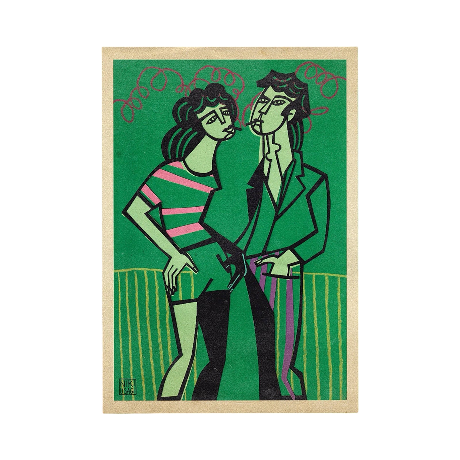 A stylised art print featuring two figures in an abstract, cubist-like composition on a green background, bordered by a beige paper margin.