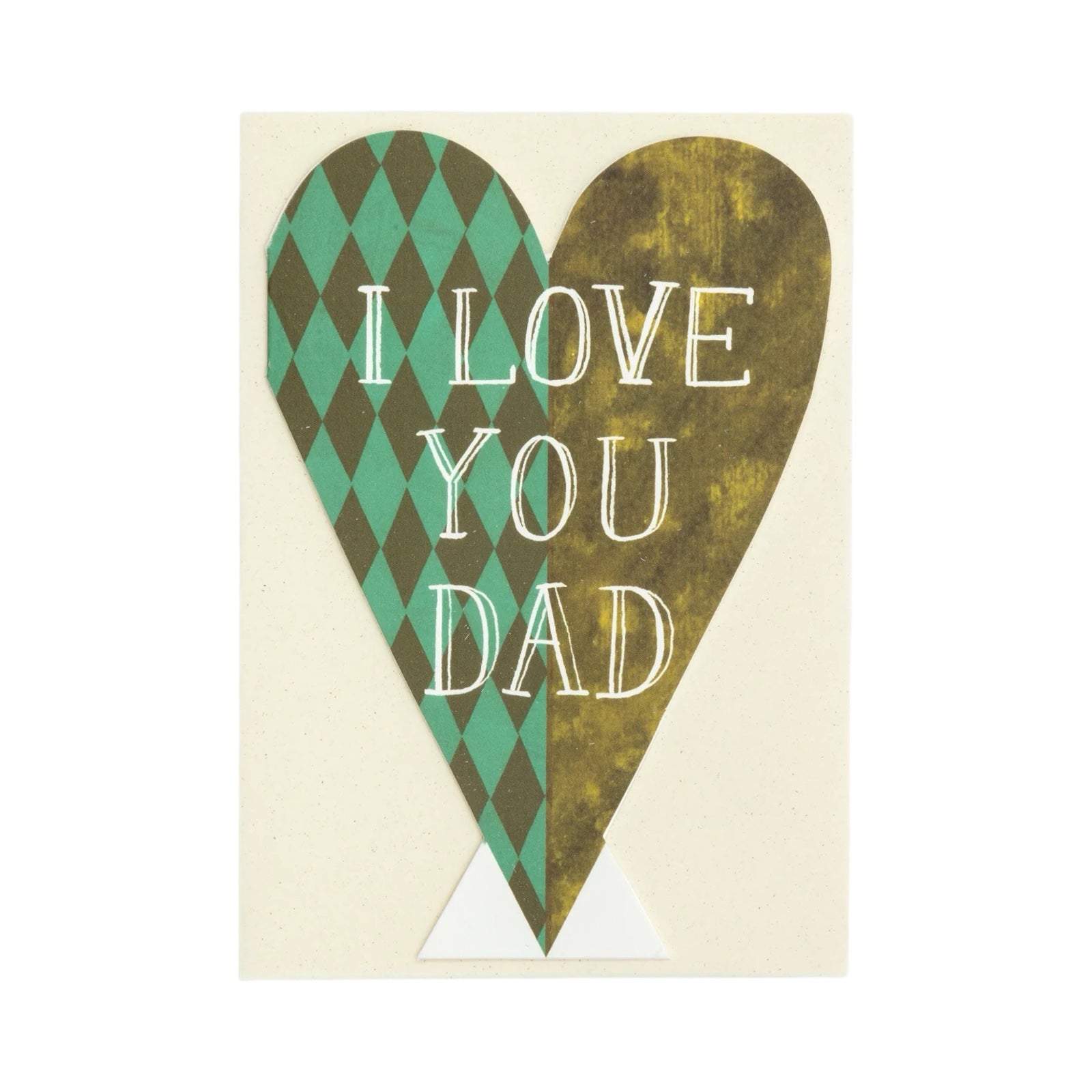 A beautiful love heart-shaped card with a green and grey checked pattern on one side and a painted green pattern on the other with the text 'I LOVE YOU DAD' written in the centre in gold lettering with an ivory coloured envelope