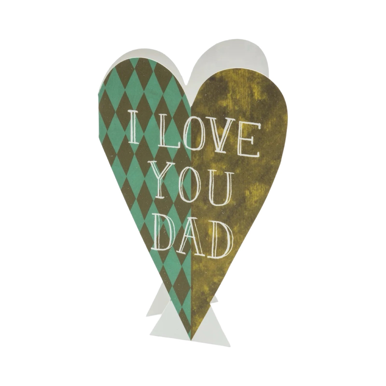 A beautiful love heart-shaped card with a green and grey checked pattern on one side and a painted green pattern on the other with the text 'I LOVE YOU DAD' written in the centre in gold lettering