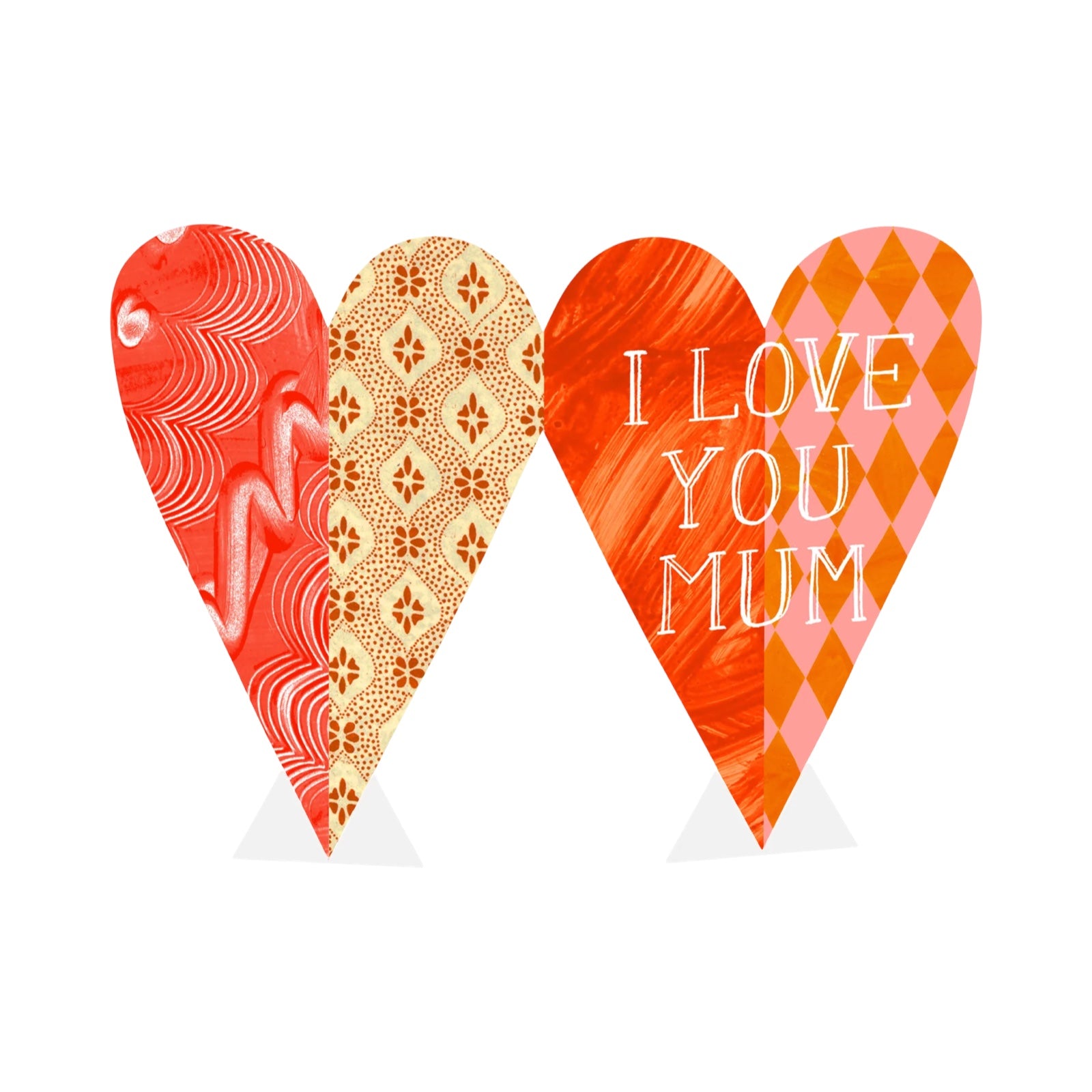 A love heart-shaped card with a pink and red checked pattern on one side and a red and orange paint pattern on the other with the text 'I LOVE YOU MUM' written in the centre in gold lettering on the front and a red and cream pattern on one half or the back and a red and whie squiggle pattern on the other