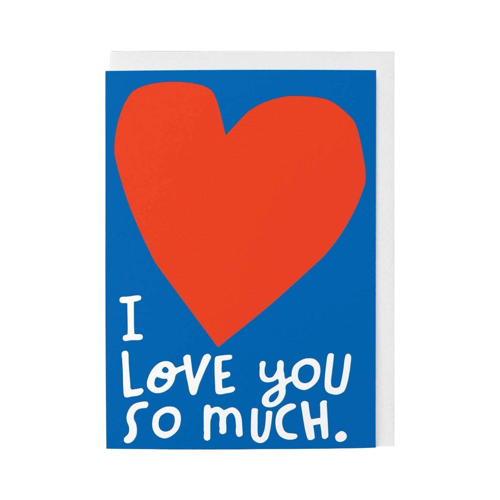 Card with a red heart and 'I LOVE YOU SO MUCH' text on a blue background.