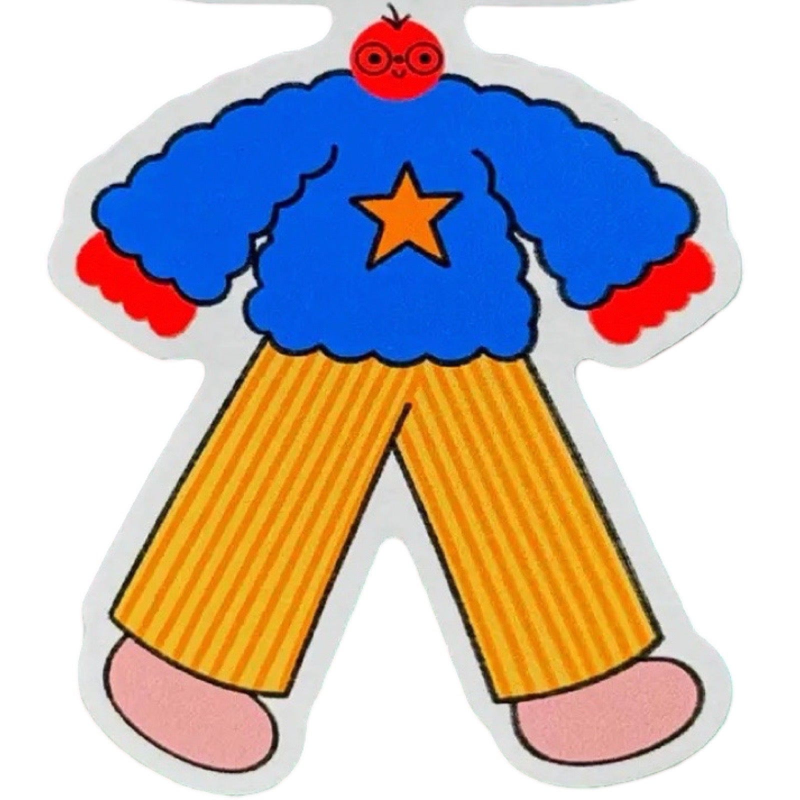 Cartoon character sticker with blue sweater, yellow pants, and red shoes on a white background.
