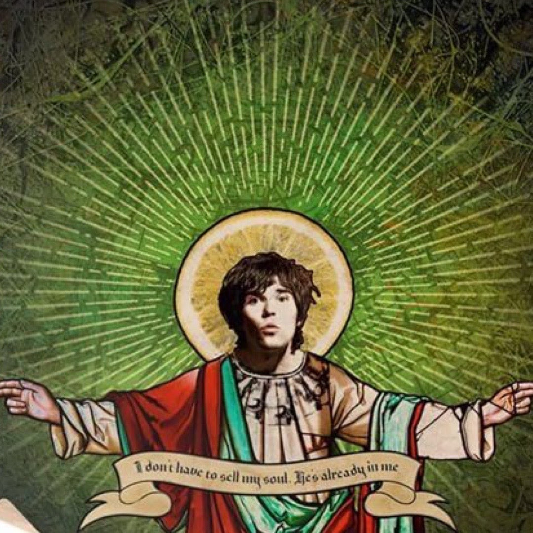 Illustration of a person with a halo and outstretched arms on a green background.