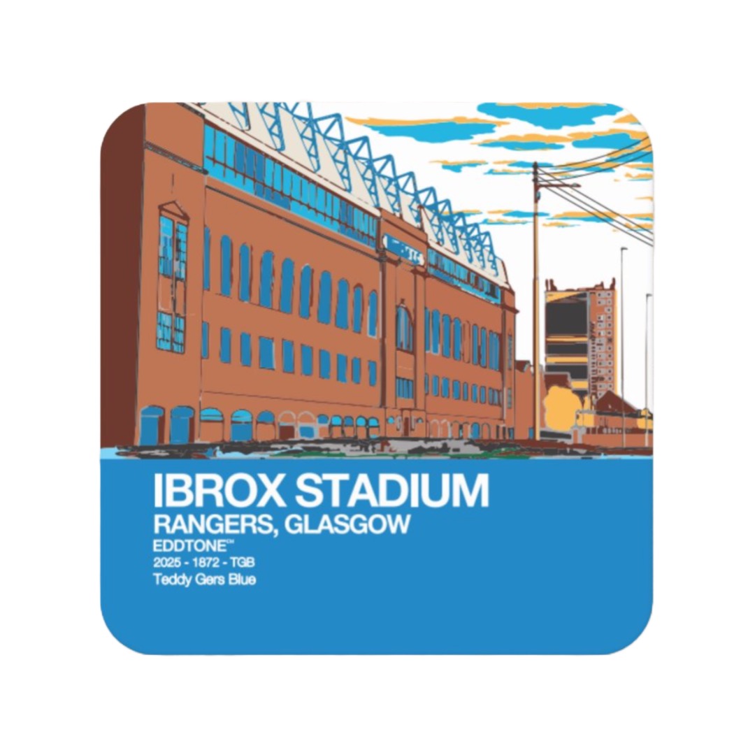 Coaster featuring an illustration of the Ibrox Rangers Stadium, Glasgow.
