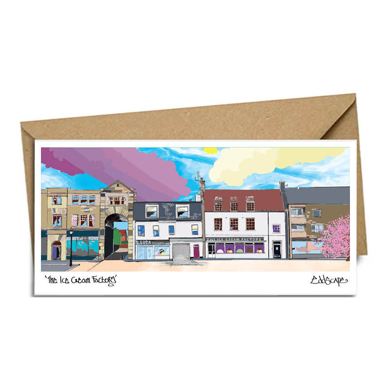 card featuring the Lucas ice cream factory in Musselburgh