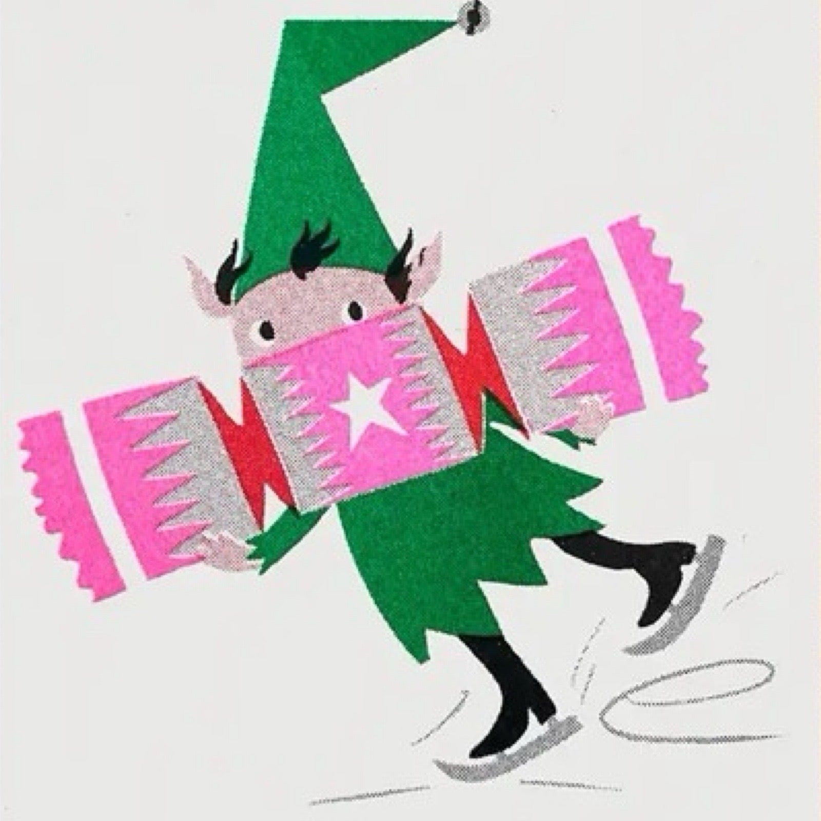 Christmas card featuring an elf ice skating holding a giant pink Christmas cracker.