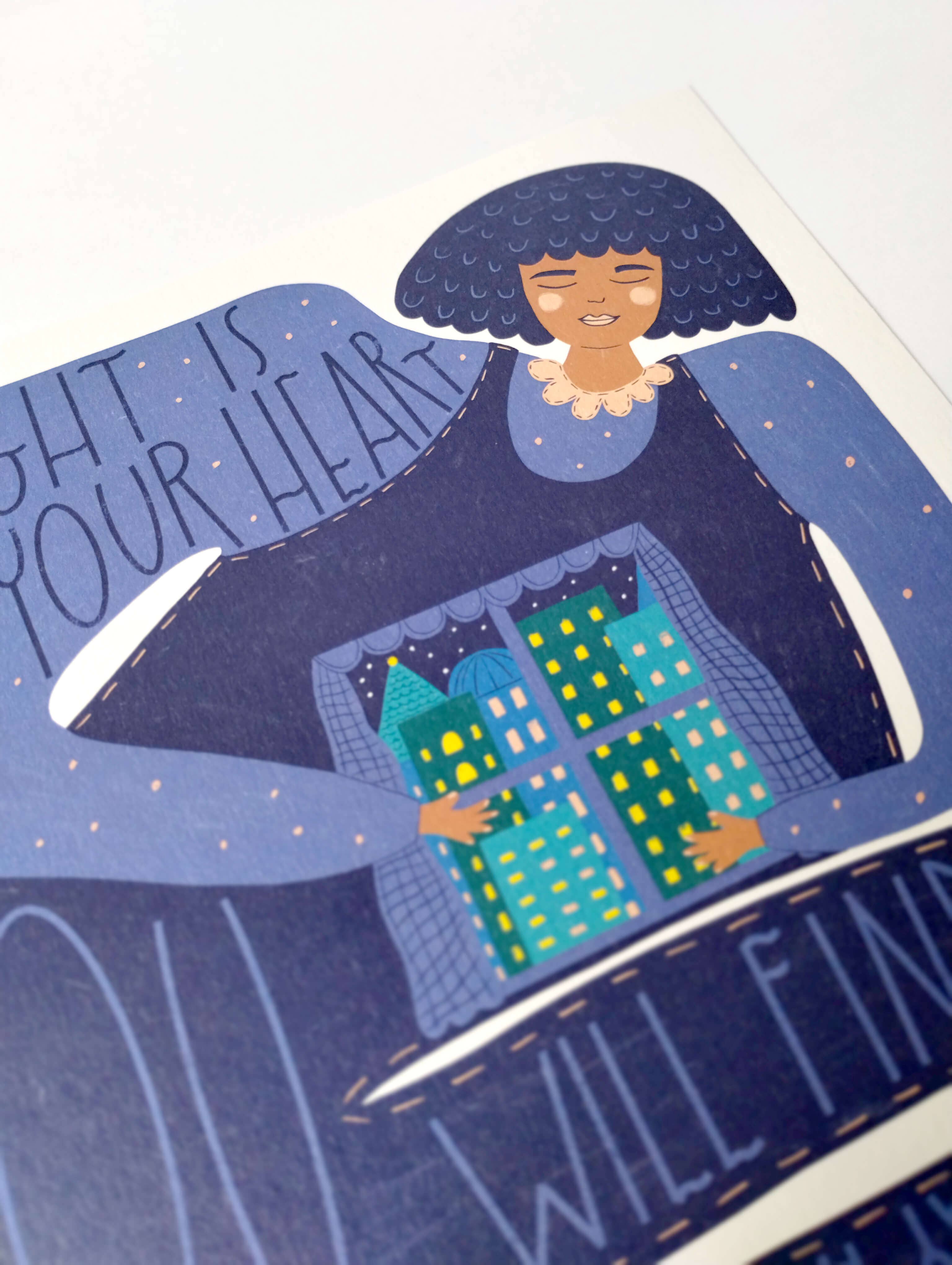 Illustration of a person holding a cityscape with text on a blue background.