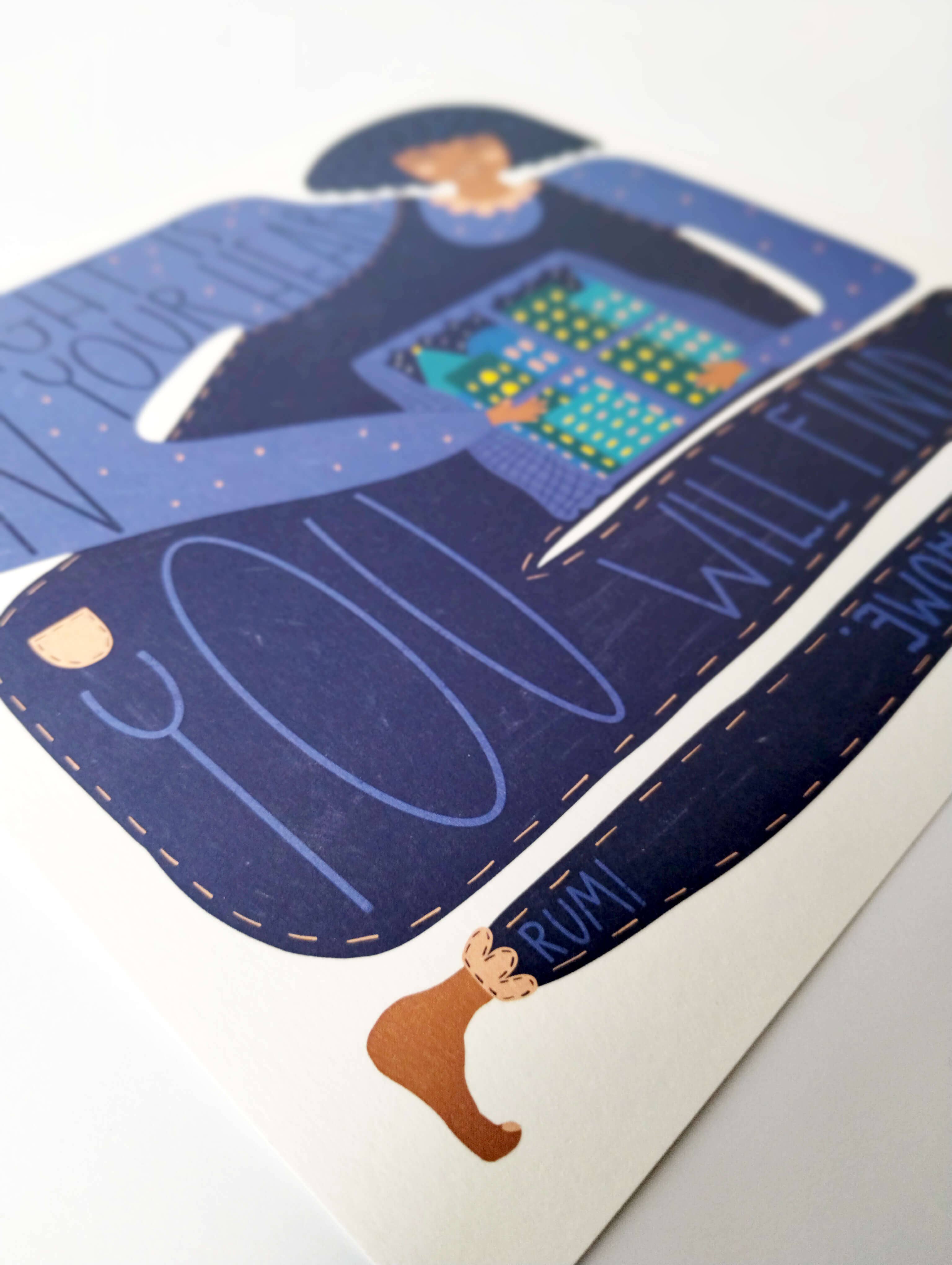 Card with a stylised illustration of a person using a laptop, featuring the text 'I will find you'.