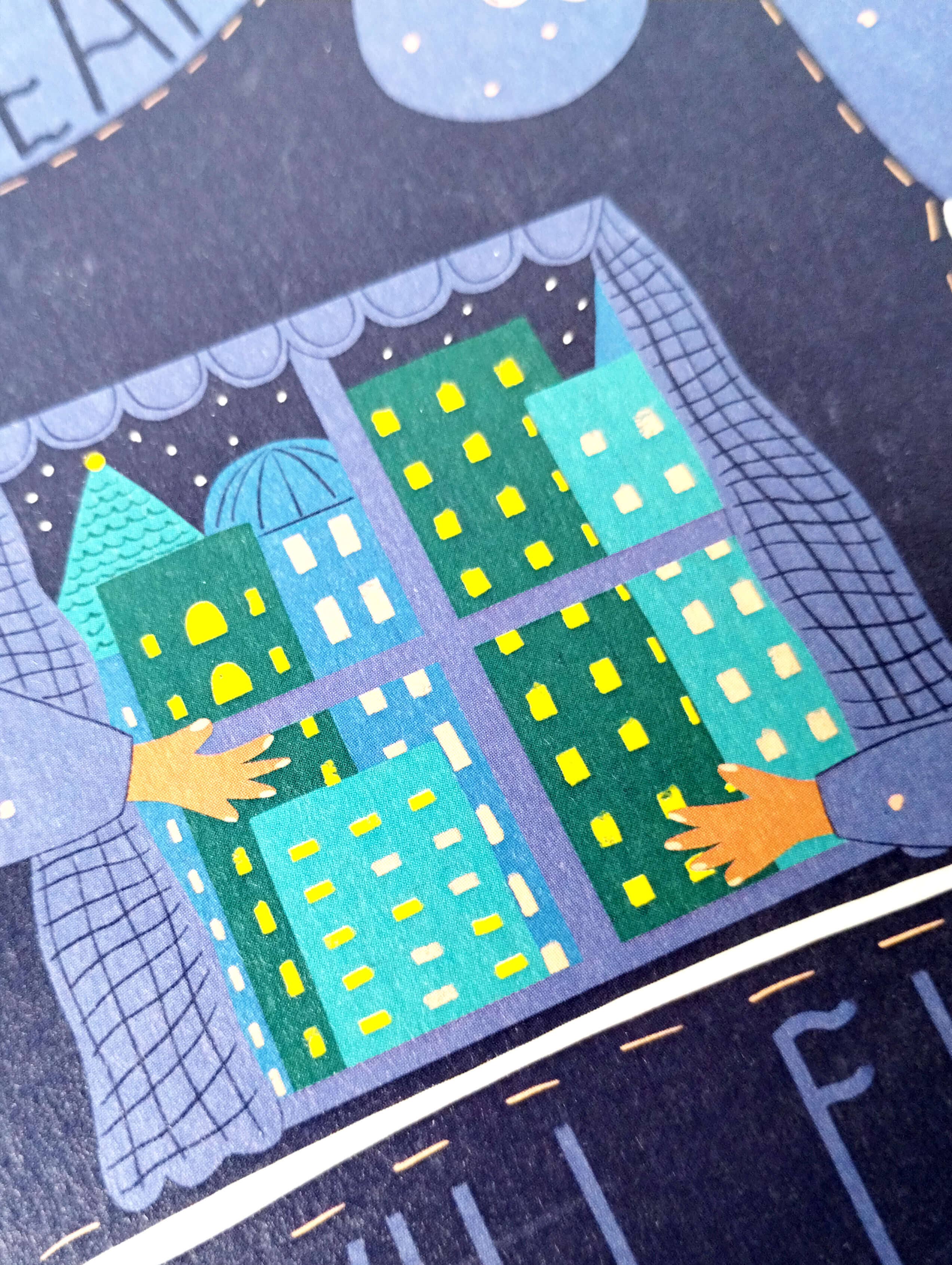 Illustration of hands holding a window on a dark background.