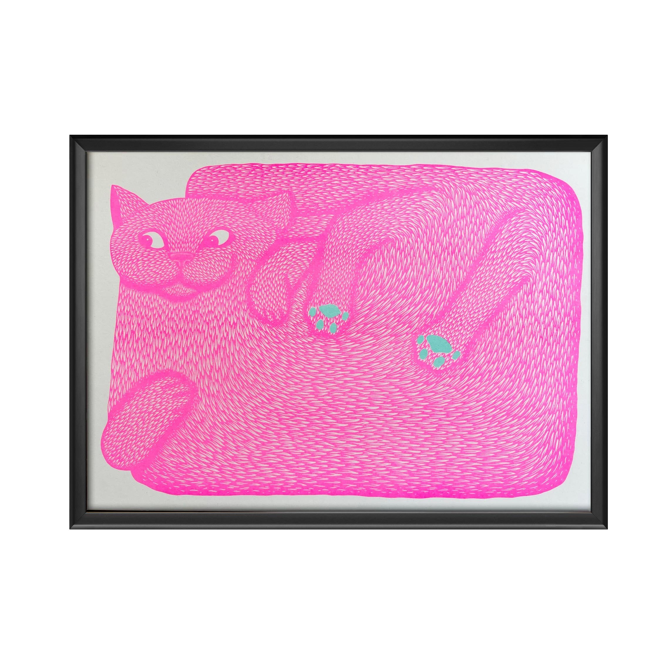 A risograph print of a large pink cat squashed into a rectangular position with turquoise paws in a black picture frame.