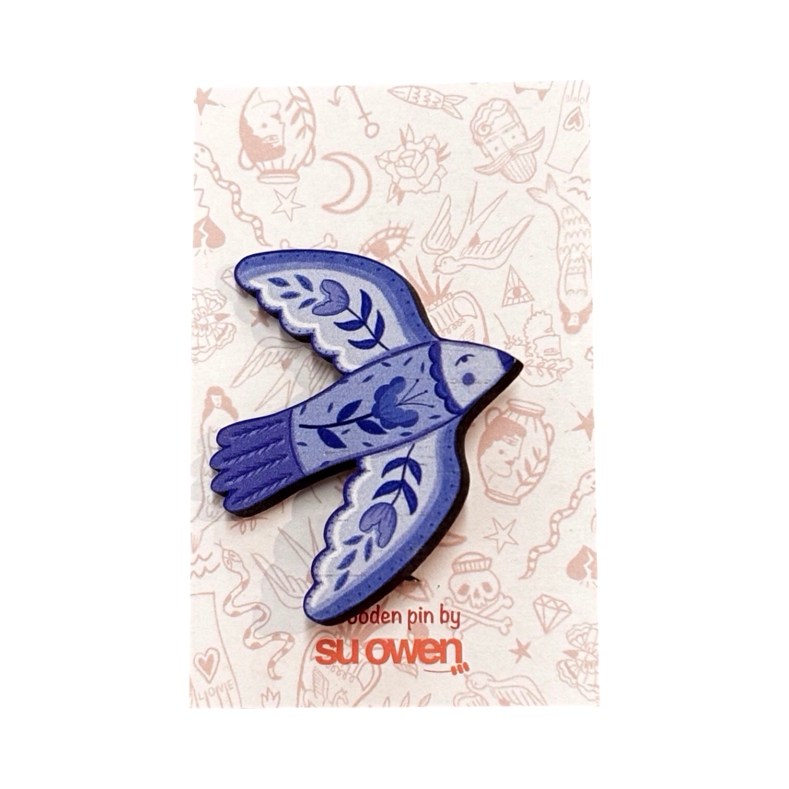 Floral Folk Bird Wooden Brooch