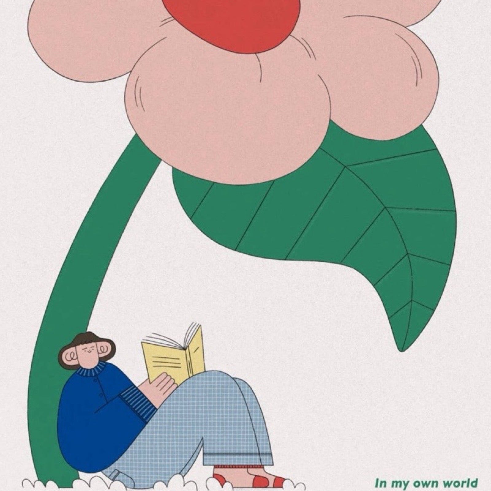 Illustration of a person reading a book under a large flower.
