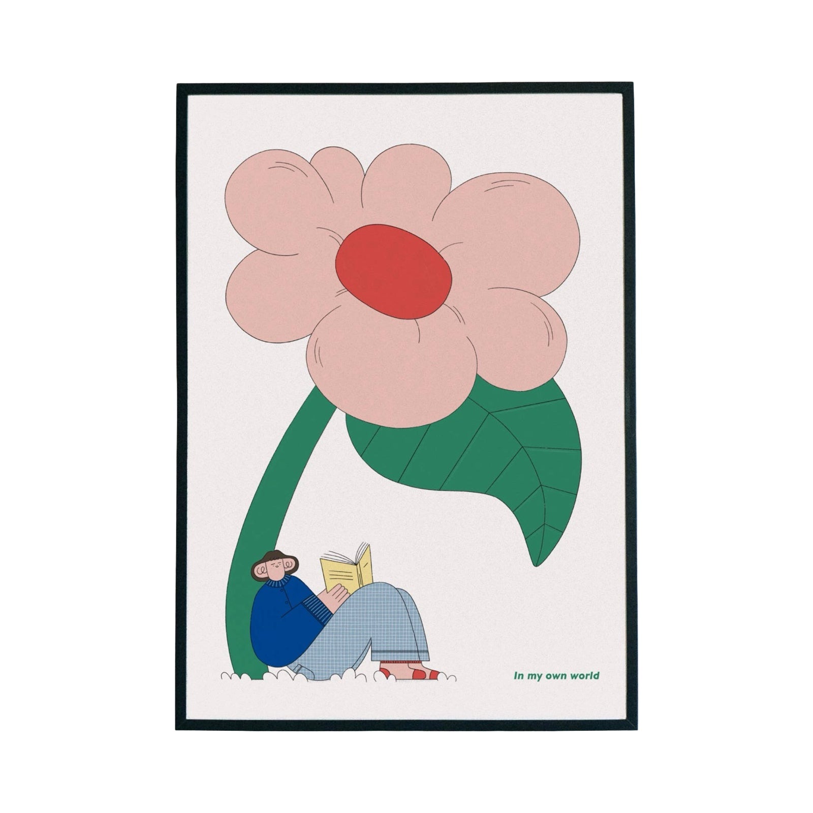 Illustration of a person reading under a large flower with a red center.