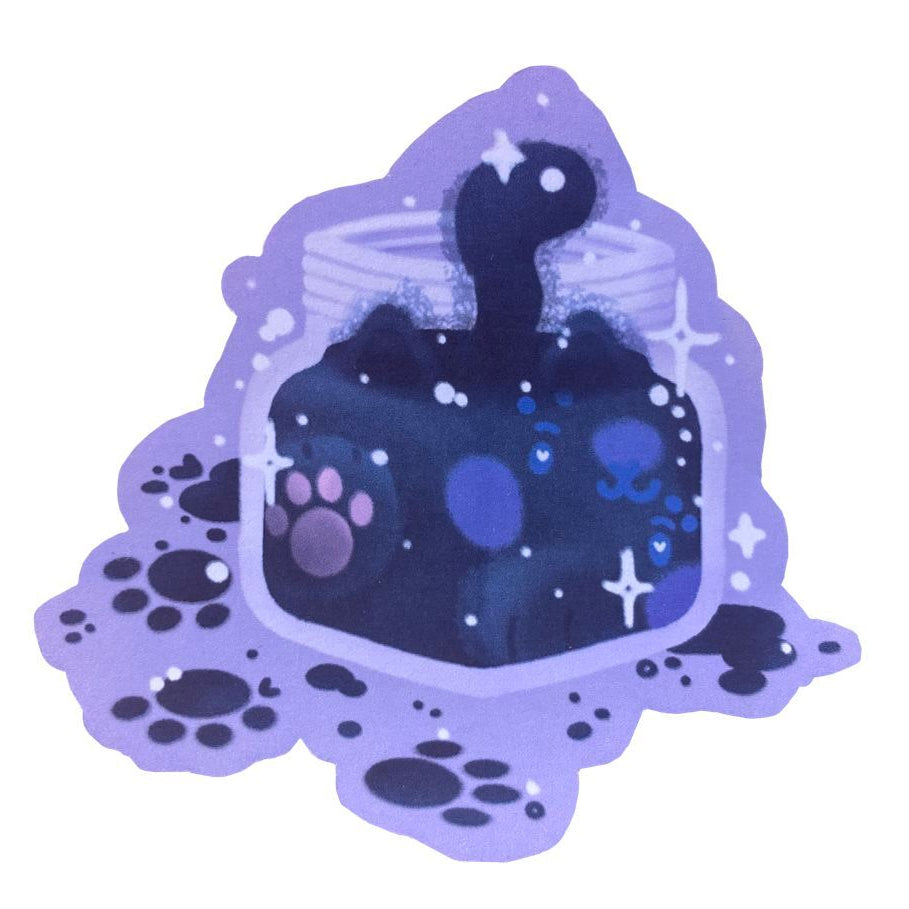 Handmade sticker of an inkpot, with a cat spirit inside the ink. Inky pawprints are around the ink pot. 