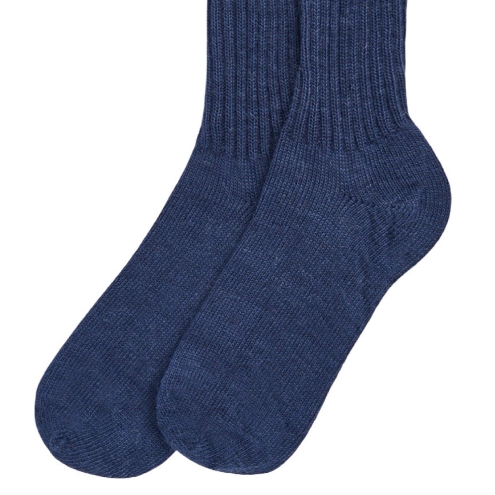 Pair of blue socks on a white background.