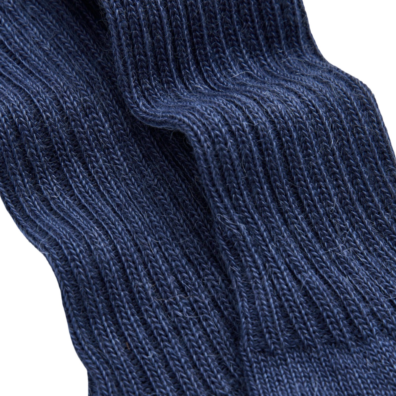 Inky blue mohair socks on a white background.