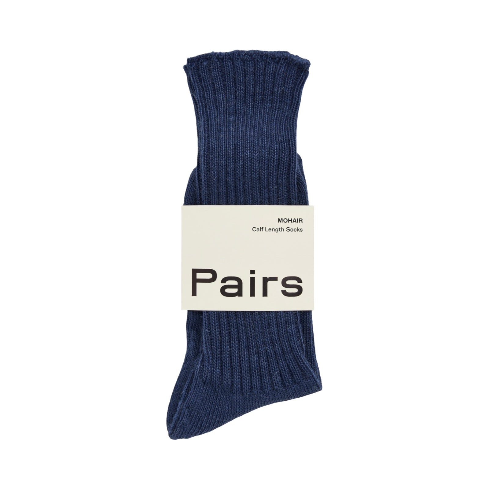 Inky blue mohair socks in packaging on a white background.