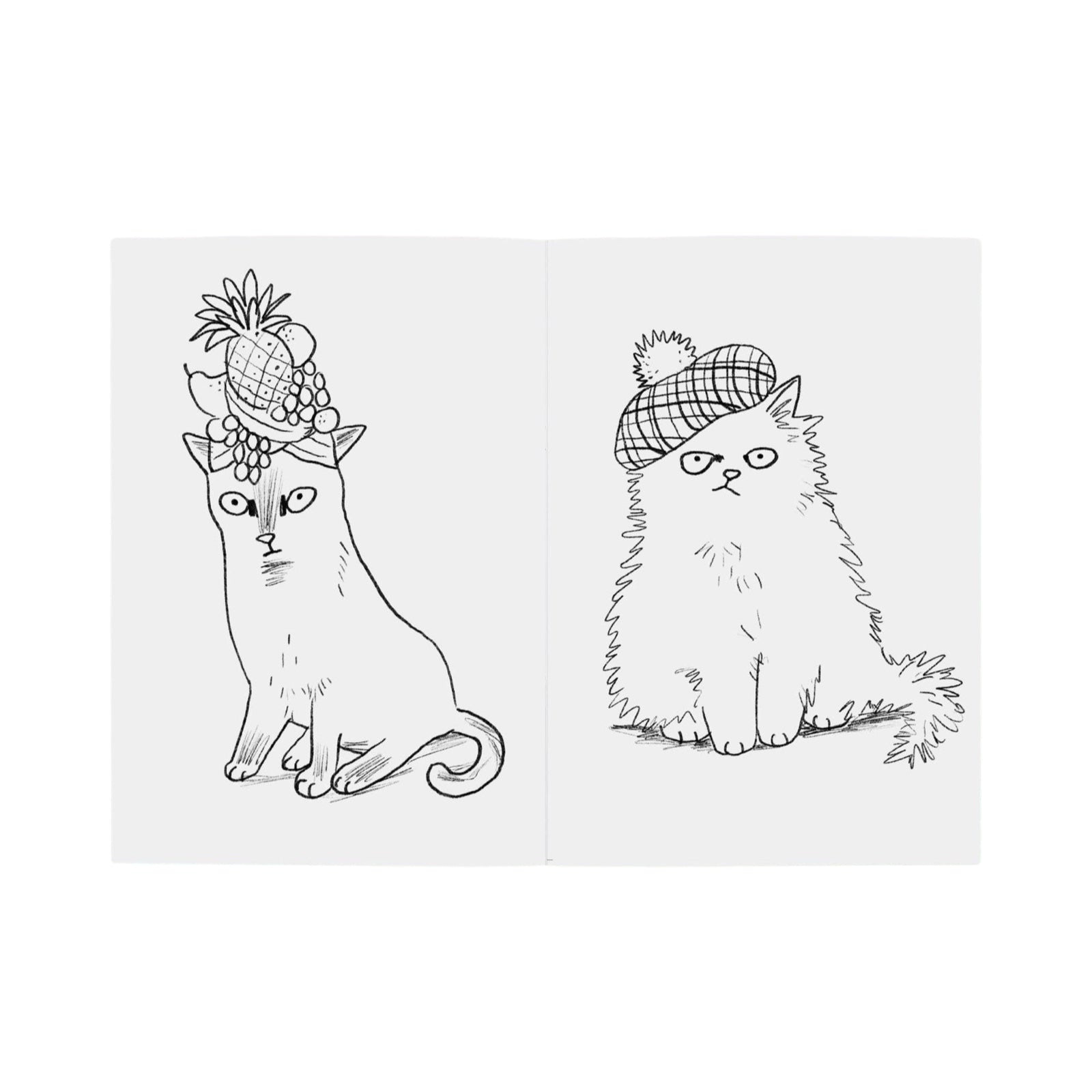 A page from inside the Cats in hats colouring book with a cat wearing a tripical fruit headress and a cat wearing a Scottish tartan bunnet