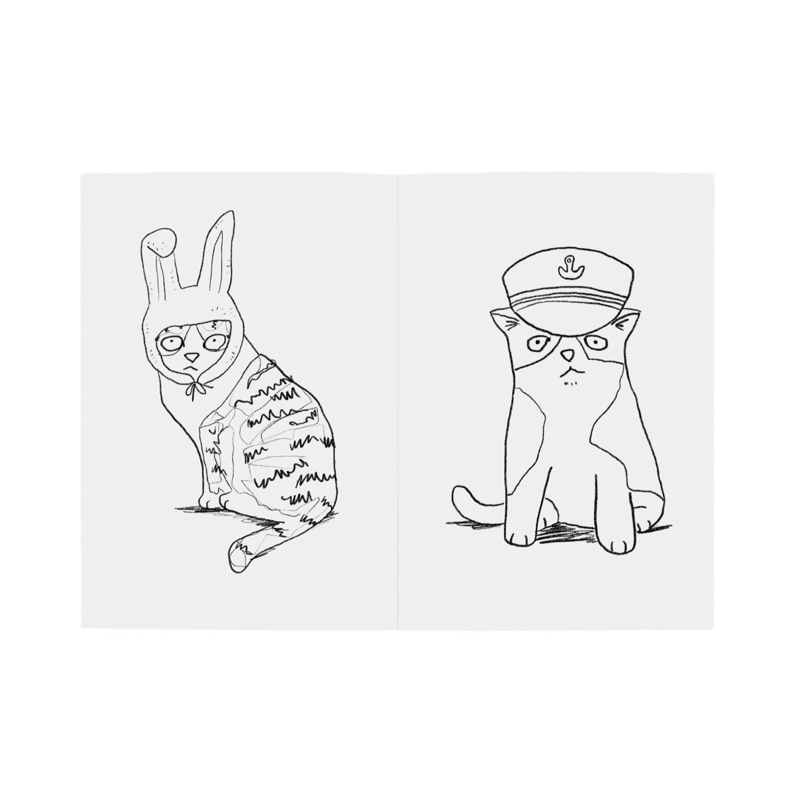 A page from inside the Cats in hats colouring book with a stripy cat wearing bunny ears and a cat wearing a sailors cap