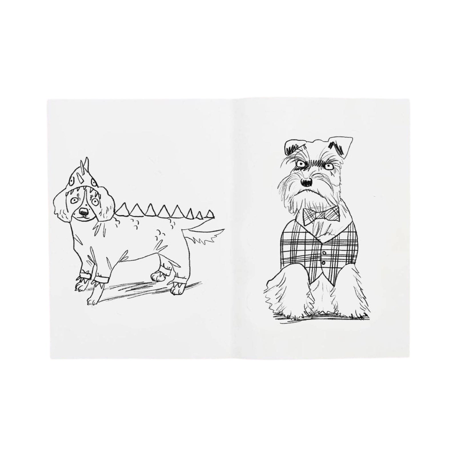 An inside page from a doggy dress up colouring book of a a dog dressed as a dragon and a dog dressed in a tartan waistcoat and bow tie