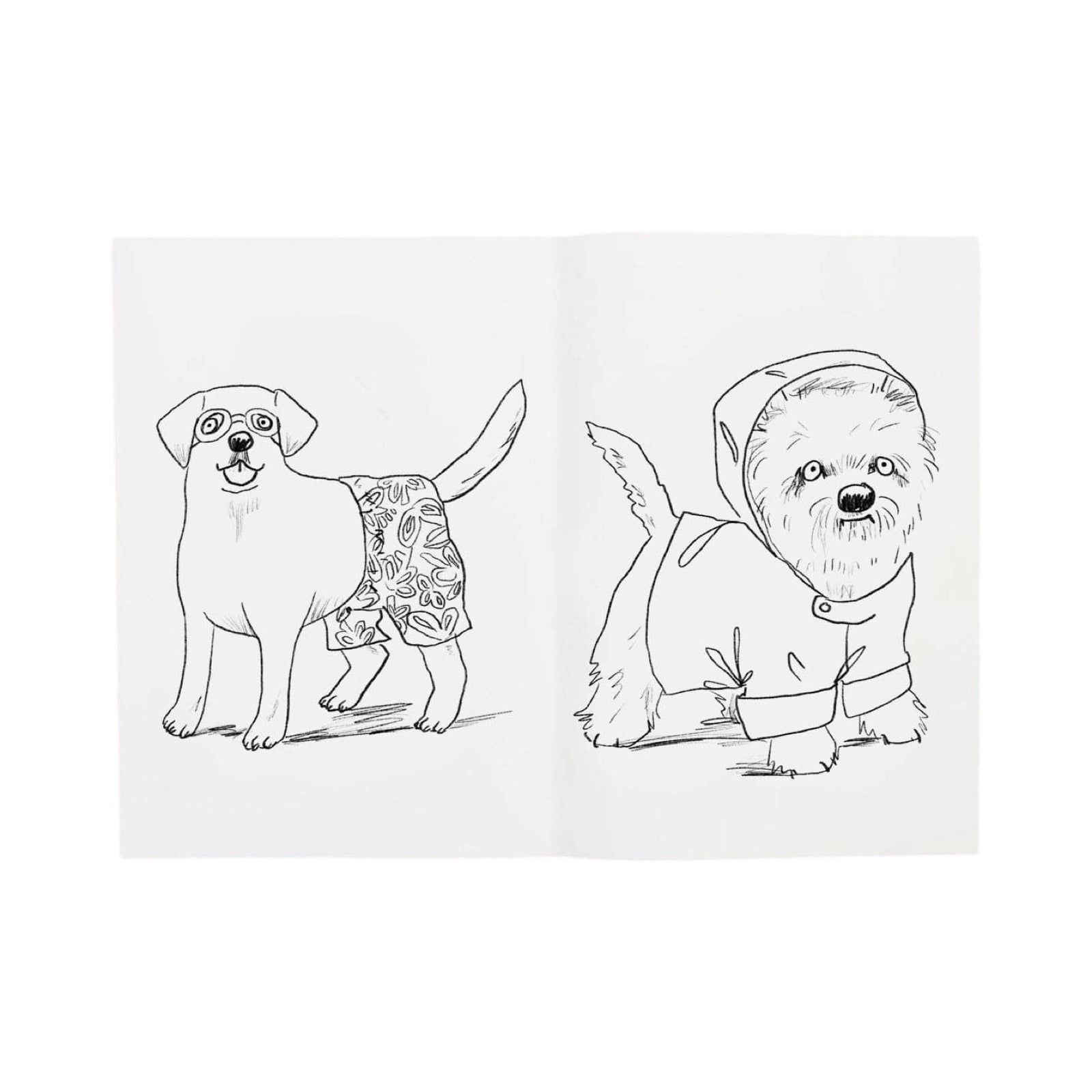 An inside page from a doggy dress up colouring book of a dog dressed in beach shorts and sunglasses and a dog dresses in a rain mac