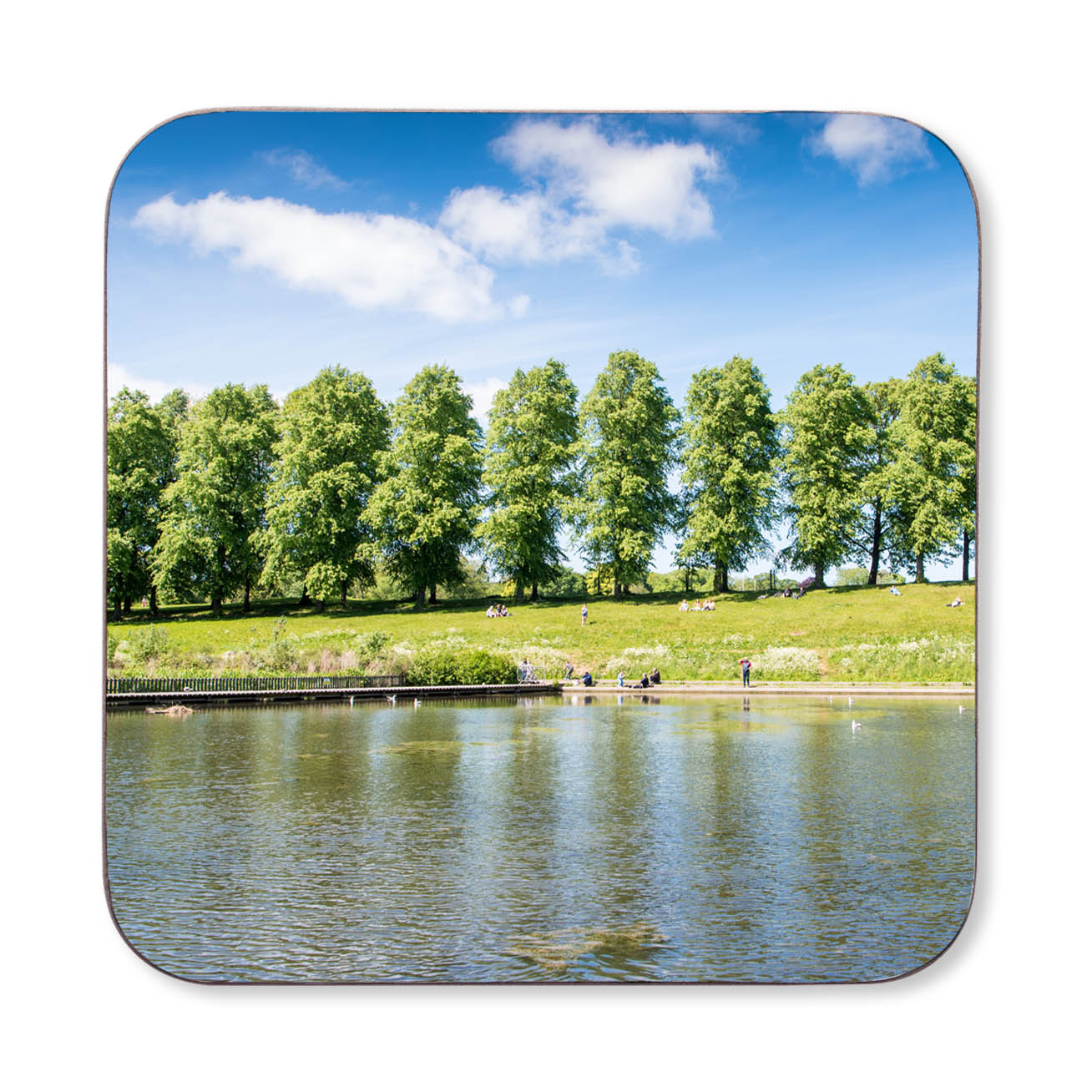 A square coaster showing a picture of Inverleith Park and pond, Edinburgh. 