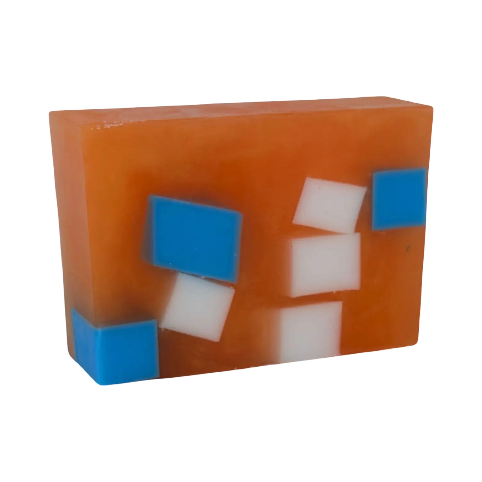 An orange and blue iron brew flavoured handmade soap bar.