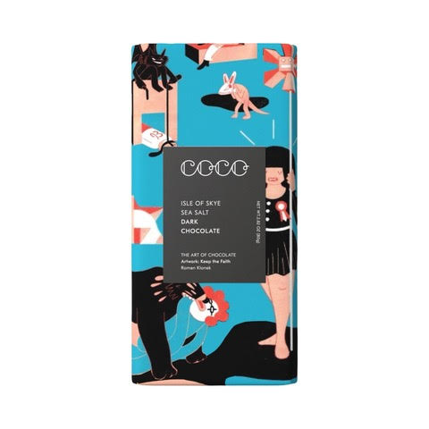 An 80g bar of Isle of Skye sea salt dark chocolate.