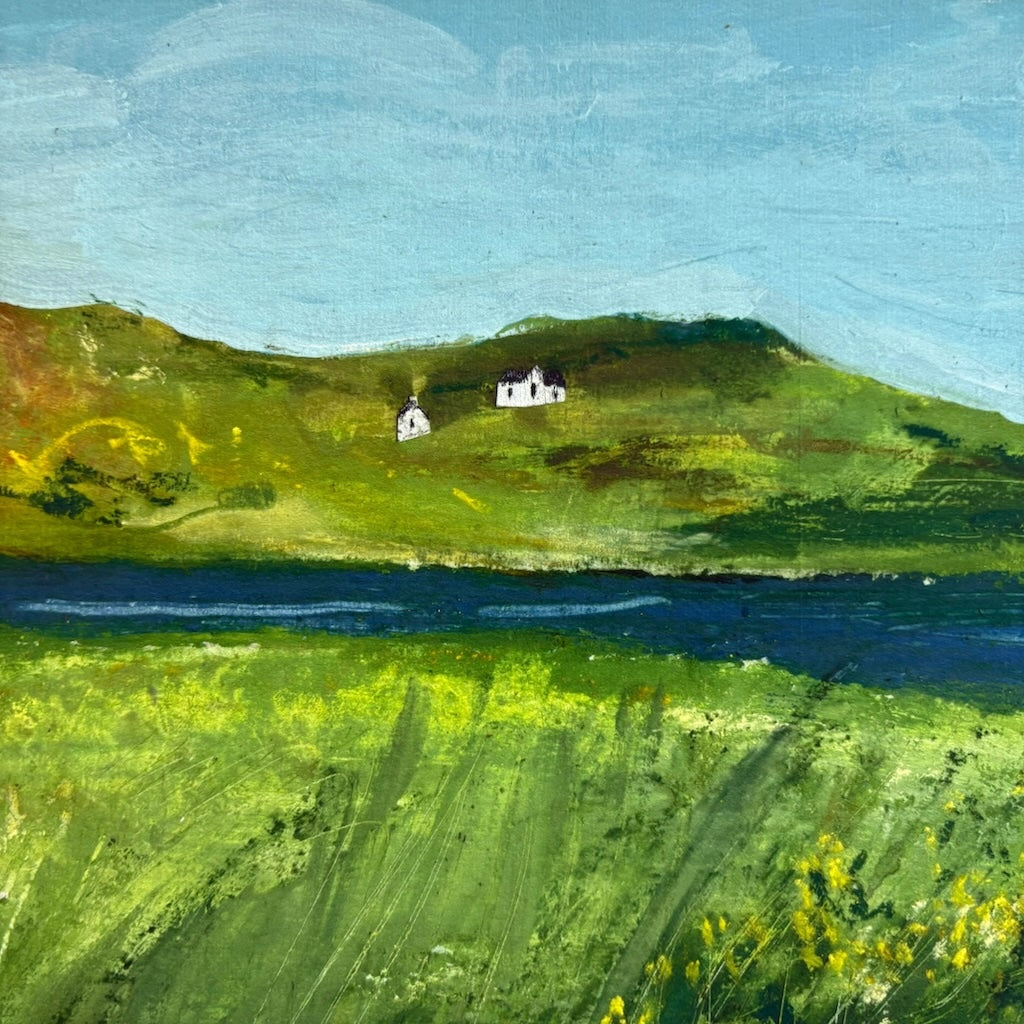 Painting of a landscape with green fields, a blue sky, and small white buildings.