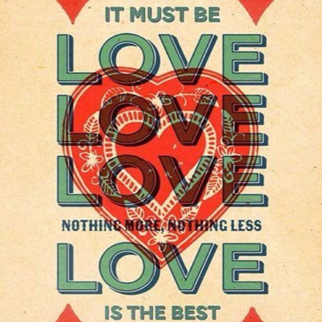 Vintage-style poster with 'LOVE' text and heart design on a beige background.
