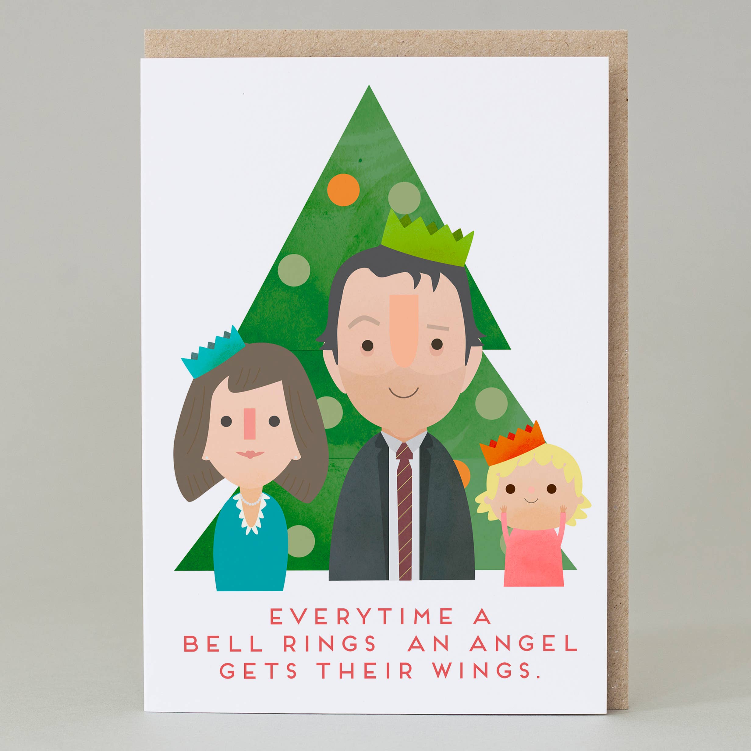 Illustrated Christmas card with a family in front of a Christmas tree and humorous quote.