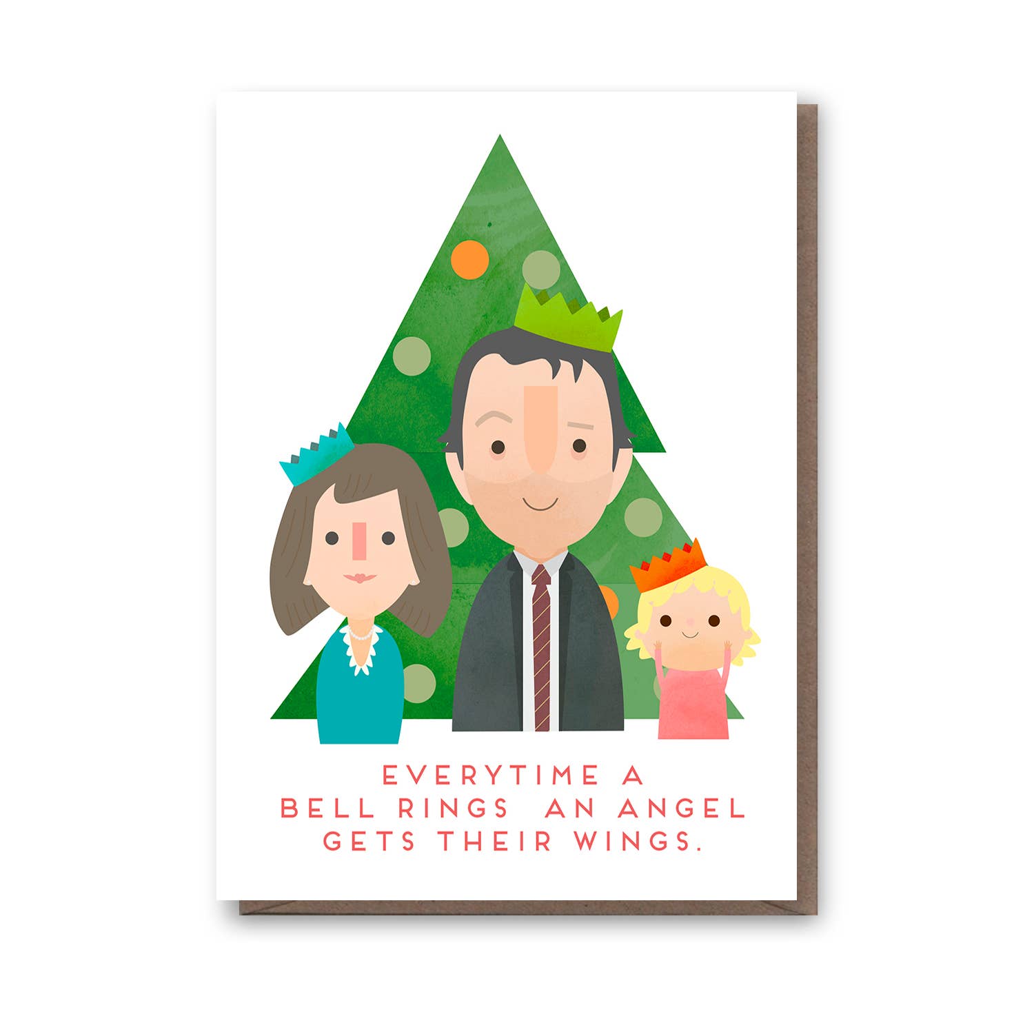 Illustrated family card with a Christmas tree background and a quote.