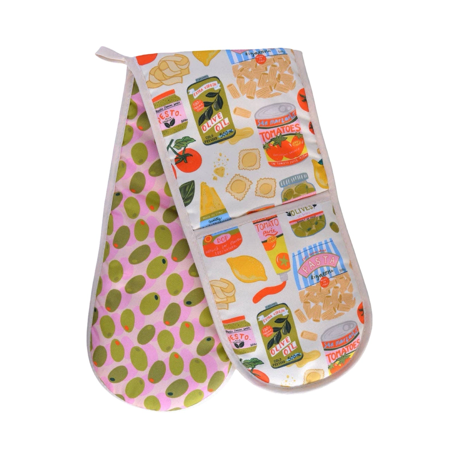 Oven mitt and pot holder with vintage-style food packaging design on a white background.