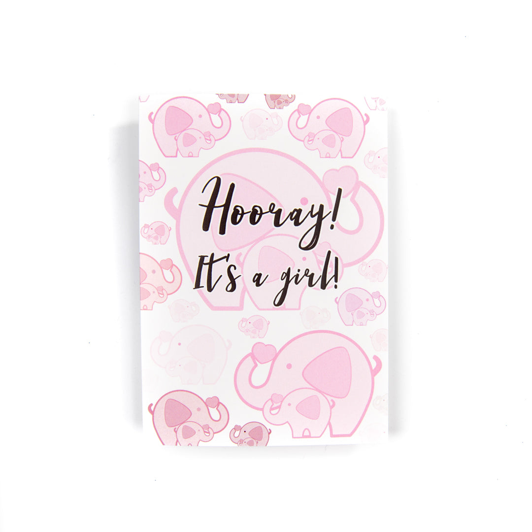 Card with pink elephants and 'Hooray! It's a girl!' text on a white background