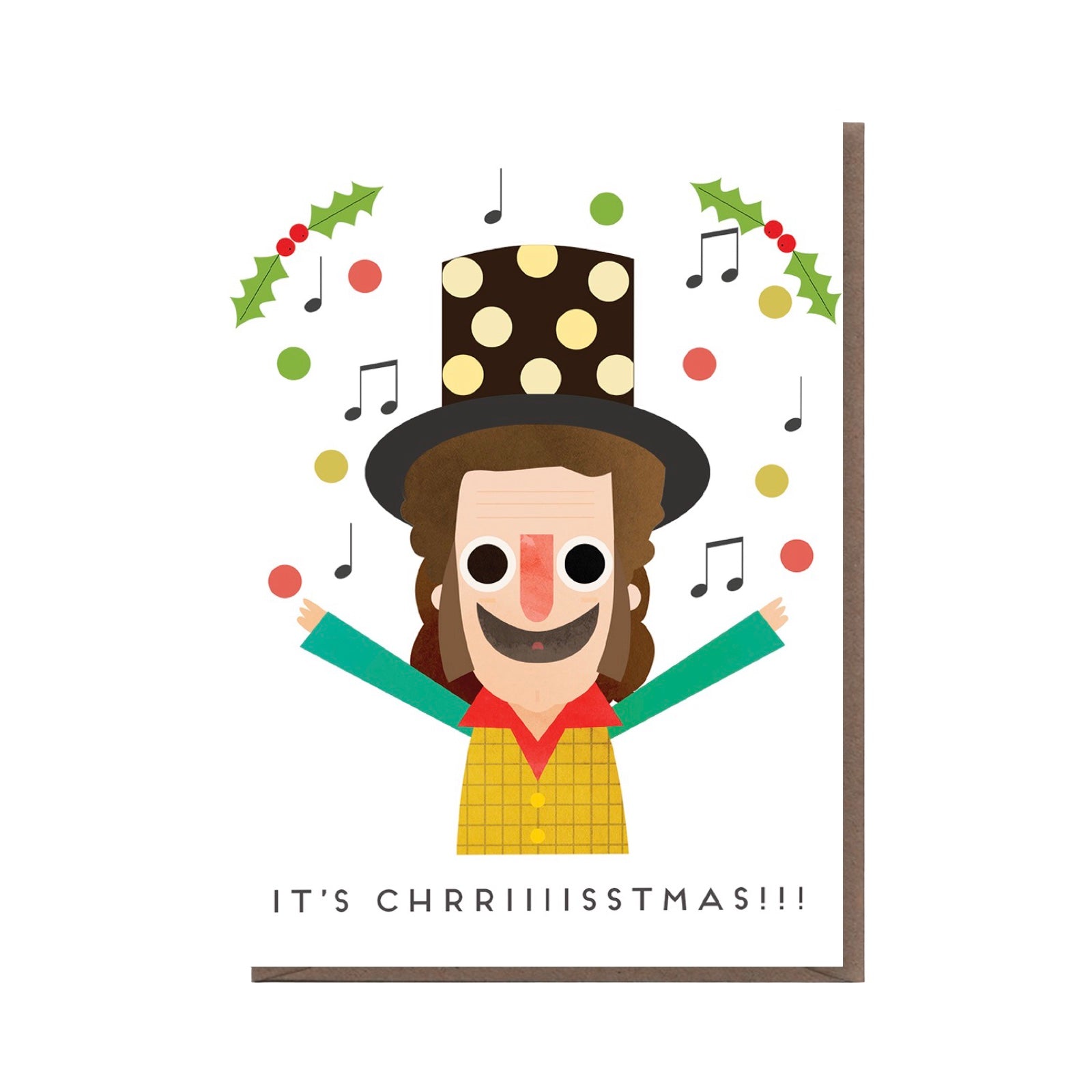 Christmas card featuring an illustration of Noddy Holder singing, with the text 'It's Chriiiiiiiiistmas!!' below, from the classic Christmas song Merry Xmas Everyone.